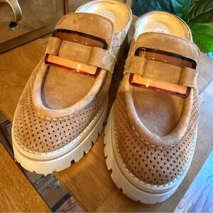 SoftWaves Stylish Tan Suede Loafer Slides with Chunky Sole size 37